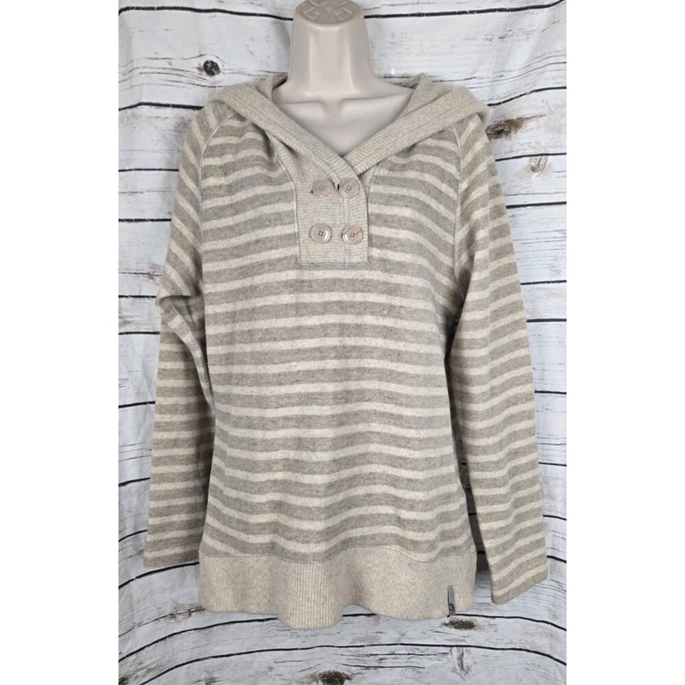 Mountain Hardwear Sweater Hoodie Henley XL Womens Wool Blend Oatmeal Striped